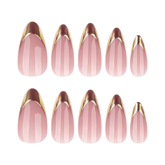 Nude Pink Press On Nails with Gold French Tip Slanted Design Glossy Almond Shape Elegant Minimal Luxury Full Cover False Nails Kit Reusable 120