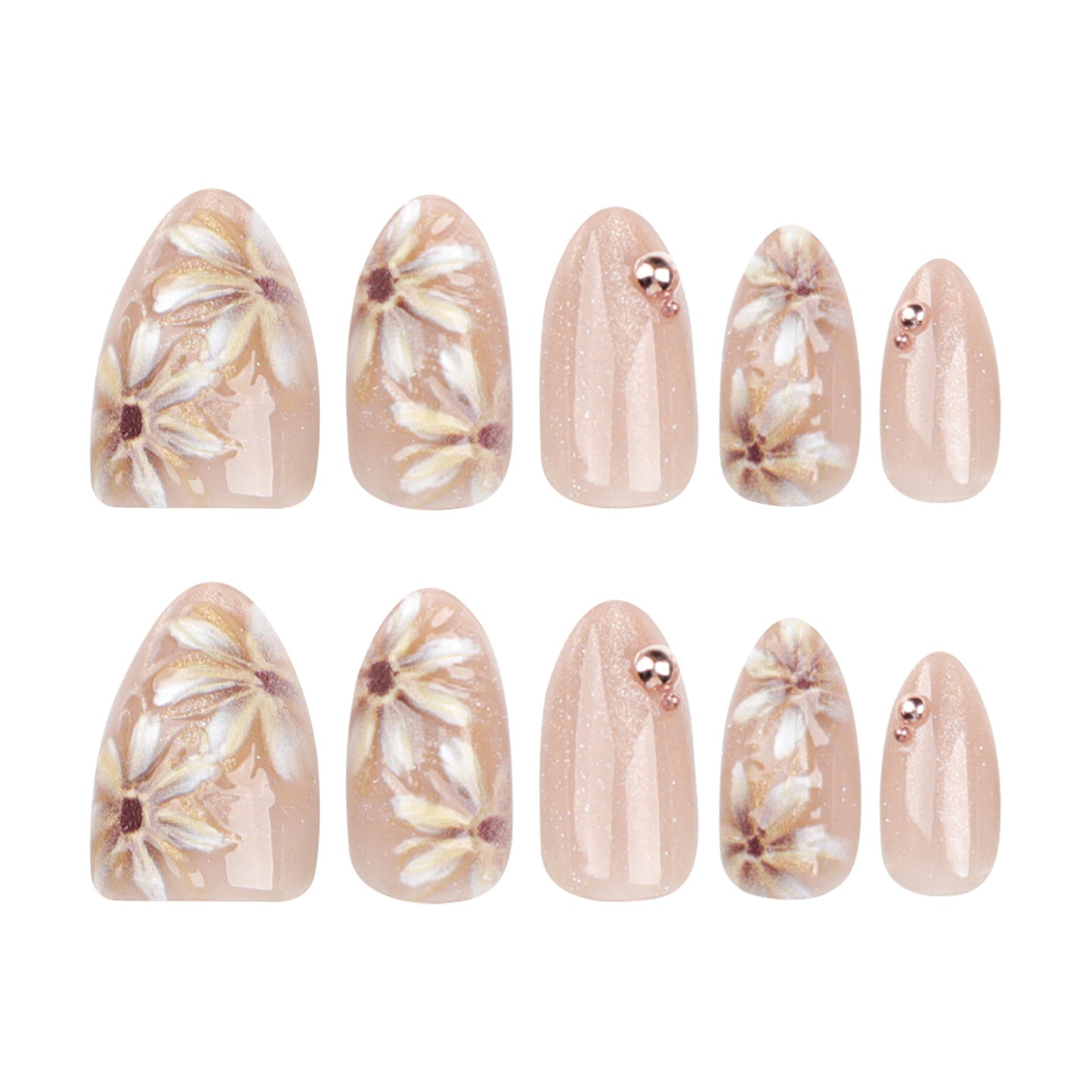 Daisy Press On Nails Nude Pink Glitter Almond Medium Short Glossy Floral Design Rose Gold Beads Full Cover Fake Nails Natural Look Reusable Acrylic Nails Kit 148