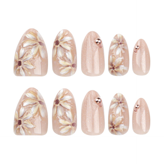 Daisy Press On Nails Nude Pink Glitter Almond Medium Short Glossy Floral Design Rose Gold Beads Full Cover Fake Nails Natural Look Reusable Acrylic Nails Kit 148