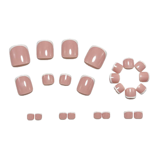 French Tip Press On Toenails Nude Pink White Short Square Glossy Fake Toenails Reusable Glue On Pedicure Nail Set 49