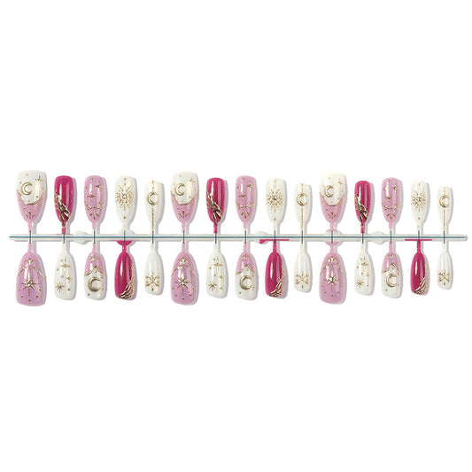 Press On Nails Pink White Ombre Star Moon Design Gold Detail Glossy Fake Nails Reusable Nail Set Cute Luxury Nails 67