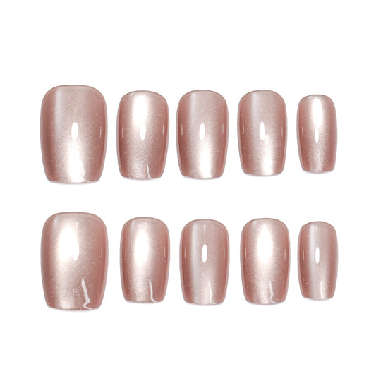 Nude Pink Cat Eye Press On Nails – Short Square Glossy Minimalist Reusable Acrylic Nails 79