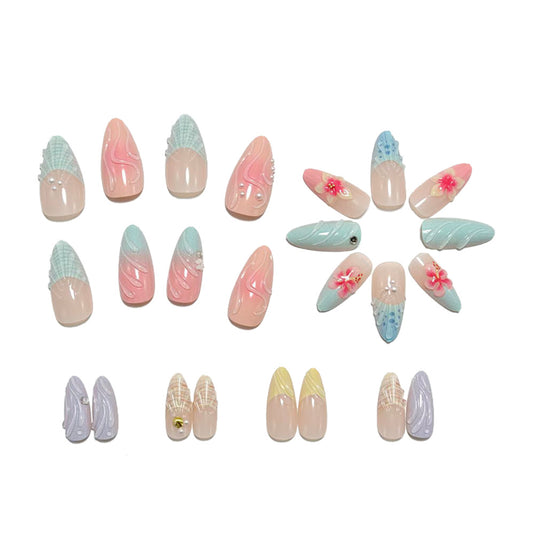 Beach Vacation Press-On Nails Almond Shape 3D Shell Wave Floral Reusable Glue On Summer Nail Set 31