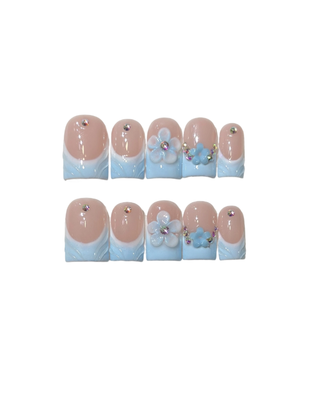 Blue French Floral Press-On Nails – Nude Pink Base with 3D Floral & Rhinestone Details | Short Squoval Coastal Inspired Reusable Nail Set 246