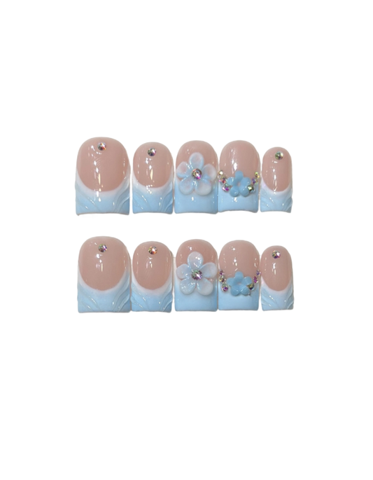 Blue French Floral Press-On Nails – Nude Pink Base with 3D Floral & Rhinestone Details | Short Squoval Coastal Inspired Reusable Nail Set 246