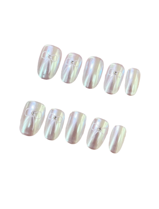 Peach Aurora Bow Press-On Nails – Glass Pearl Gradient Squoval Nails | Minimal Bow Detail Reusable Nail Set 270