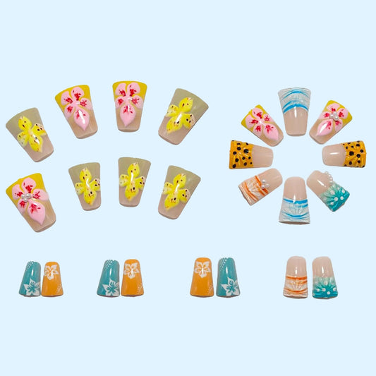Tropical Press On Nails 3D Flower Beach Summer Vacation Hawaiian Floral Short Square Reusable Nail Set 24