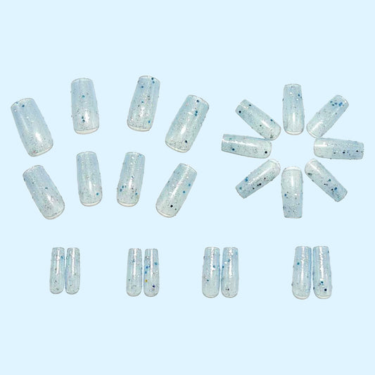 Icy Blue Press-On Nails Almond Shape Glitter Rhinestone Reusable Glue On Fake Nails Long Lasting Set 29