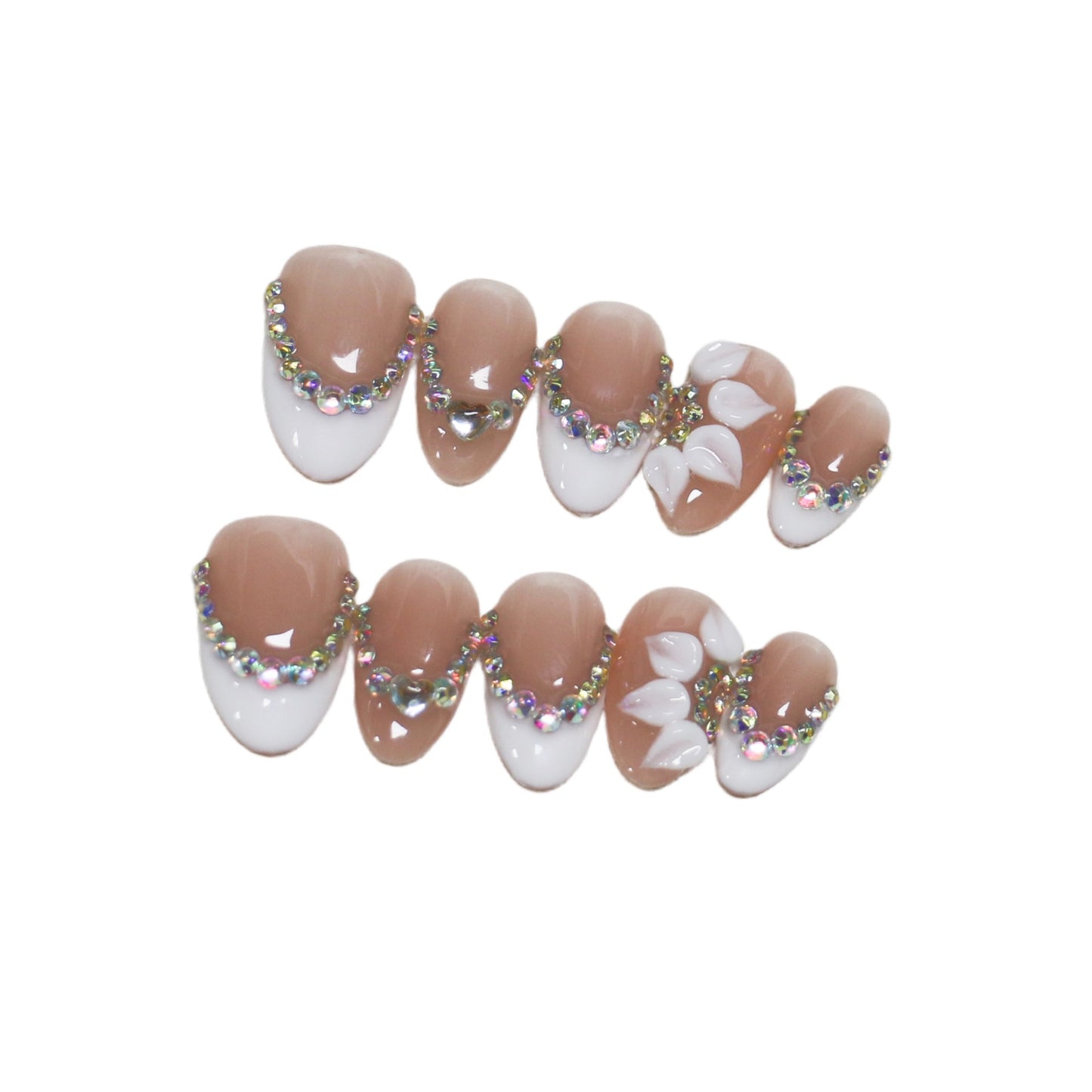 Rhinestone French Press-On Nails – Nude Pink & White Ombre Almond Bridal Nails with 3D Floral Accent | Elegant Reusable Wedding & Occasion Nail Set 238