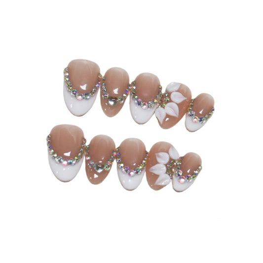 Rhinestone French Press-On Nails – Nude Pink & White Ombre Almond Bridal Nails with 3D Floral Accent | Elegant Reusable Wedding & Occasion Nail Set 238