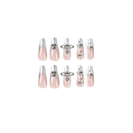 Nude Pink Press On Nails Long Square – Silver French Tip False Nails Cross Metal Reusable Full Cover Set 182