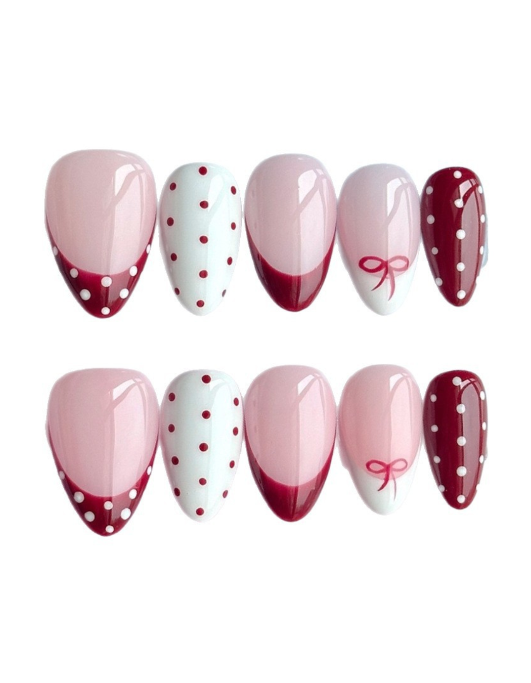 Burgundy Polka Dot Press On Nails | Short Oval Nails with Bow Details & French Tips | Reusable Coquette Nail Set 337