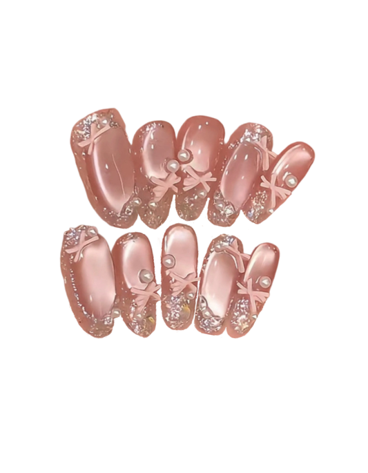 Pink Bow & Pearl Press-On Nails – Long Almond Nude Handmade Bridal Luxury Reusable Nail Set 228