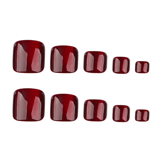 Wine Red Press On Toenails Glossy Solid Color Short Square Shape Reusable Full Cover False Toe Nails Kit Classic Elegant Pedicure Nails for Women 96