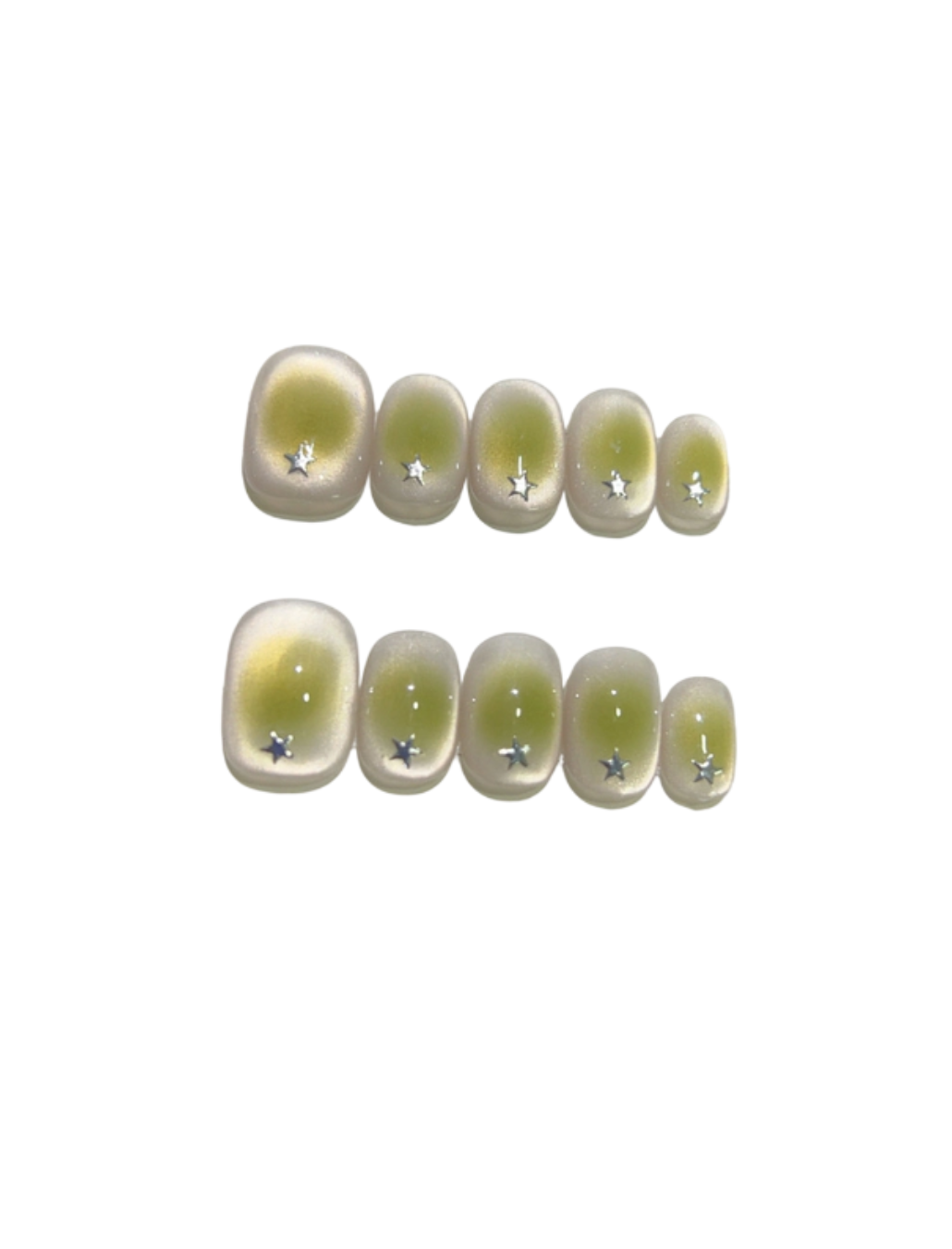Avocado Green Cat Eye Press-On Nails – Matte Milky White Gradient Squoval Nails | Silver Star Accent Reusable Nail Set 271