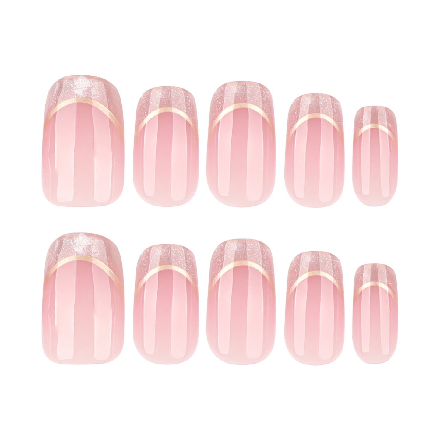 Nude Pink Press On Nails with Gold French Lines and Glitter Tips Glossy Short Squoval Shape Minimal Elegant Design Reusable Full Cover False Nails Kit 112