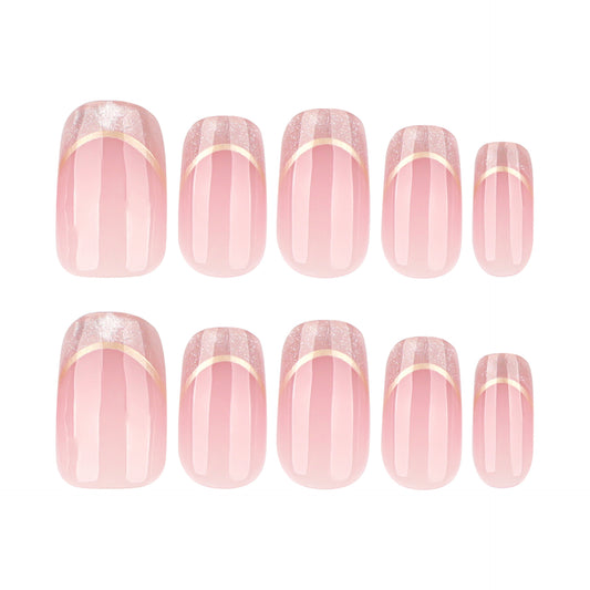 Nude Pink Press On Nails with Gold French Lines and Glitter Tips Glossy Short Squoval Shape Minimal Elegant Design Reusable Full Cover False Nails Kit 112