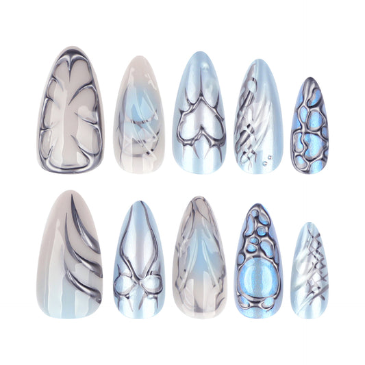 Ice Blue Cat Eye Press On Nails with 3D Metallic Texture Chrome Spider Web Design Glossy Almond Shape Dark Futuristic Full Cover False Nails Kit Reusable 129