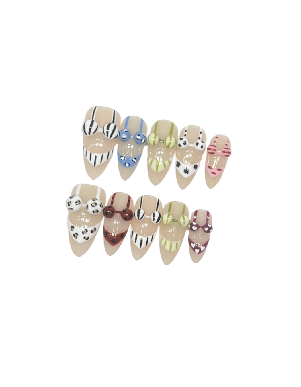 3D Bikini Charm Press On Nails Almond Shape – Summer Beach Vacation Pool Party Nail Art Handmade Glossy Reusable False Nails Gift Set 197
