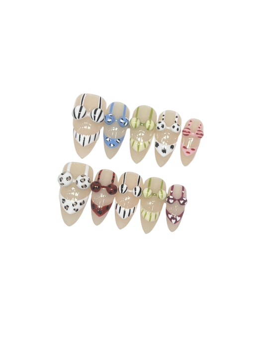 3D Bikini Charm Press On Nails Almond Shape – Summer Beach Vacation Pool Party Nail Art Handmade Glossy Reusable False Nails Gift Set 197