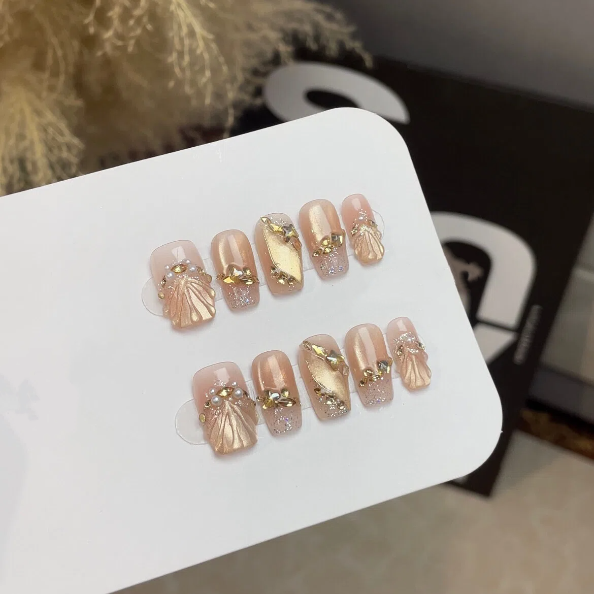 Nude Pink Press-On Nails – Squoval & Oval Nails with 3D Gold Shell Details, Pearls & Rhinestones | Reusable Coastal-Inspired Nail Set 316