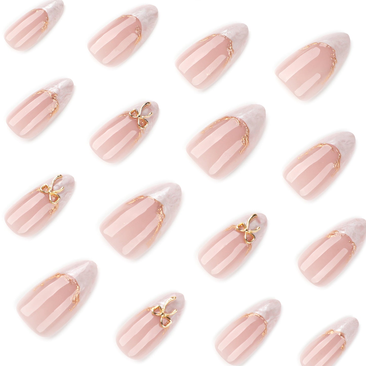 French Tip Press On Nails Almond Nude Pink White Ombre Gold Bow Glossy Reusable 09
