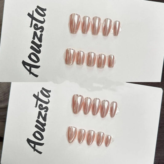 Rose Gold Mirror Metallic Press On Nails – Short Almond Glossy Reusable Acrylic Nails 15