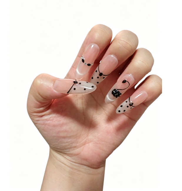 Black Swan French Tip Press On Nails – Nude Long Almond Luxury Rhinestone Acrylic Nails 142