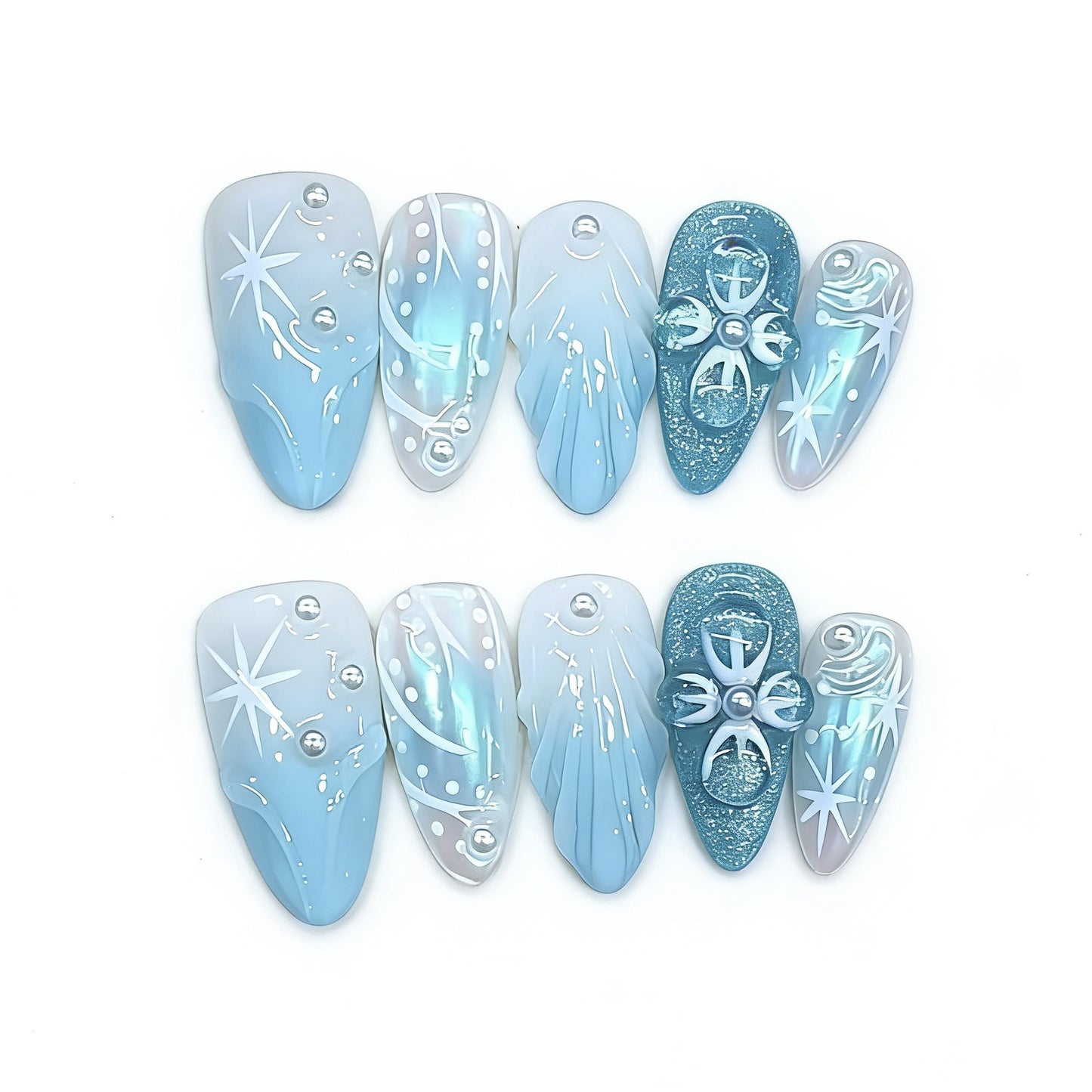 Ice Blue Gradient Press On Nails – Almond Shape Butterfly Pearl Glossy Reusable Acrylic Nails 135