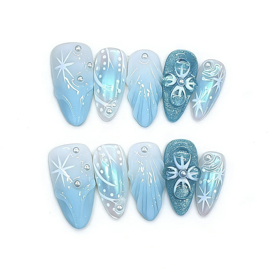 Ice Blue Gradient Press On Nails – Almond Shape Butterfly Pearl Glossy Reusable Acrylic Nails 135