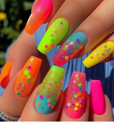 Neon Gradient Press On Nails Squoval Almond Glitter 3D Dot Y2K Summer Festival Fake Nails 23