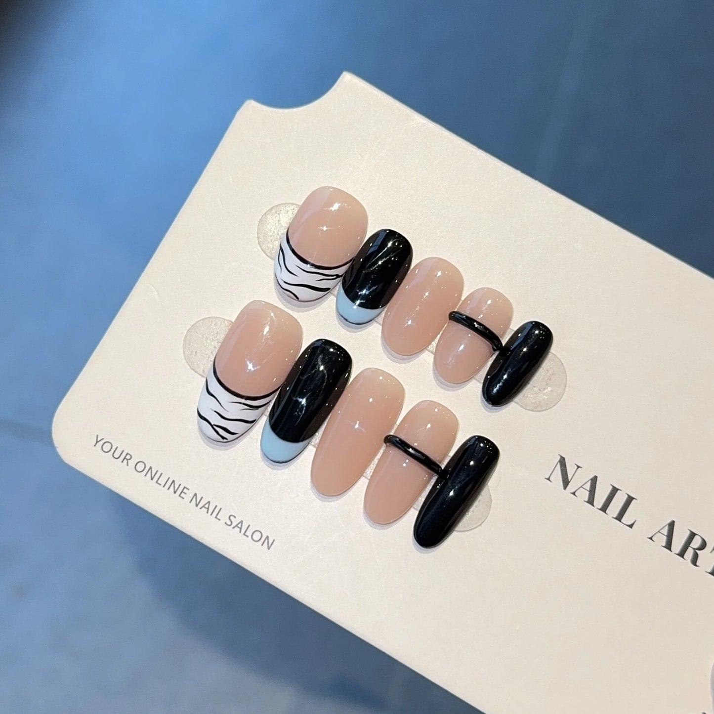 Nude Pink Press On Nails – Oval Shape with Blue French Tip, Zebra Stripe & Black Accent, Glossy Minimalist Reusable Full Cover Set 164