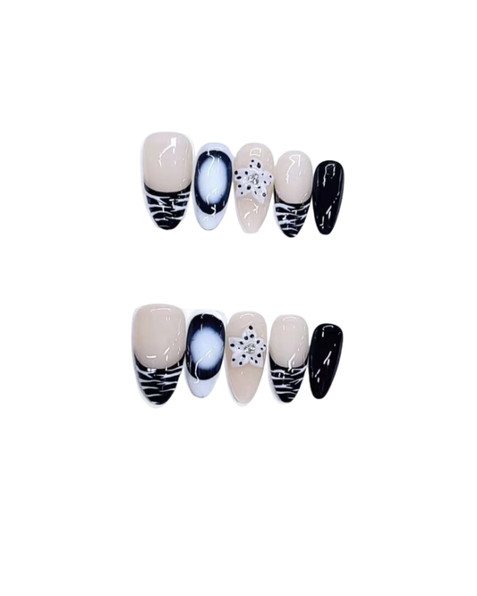 Zebra Print Press On Nails – Black and White Long Almond Glossy Rhinestone Acrylic Nails 141