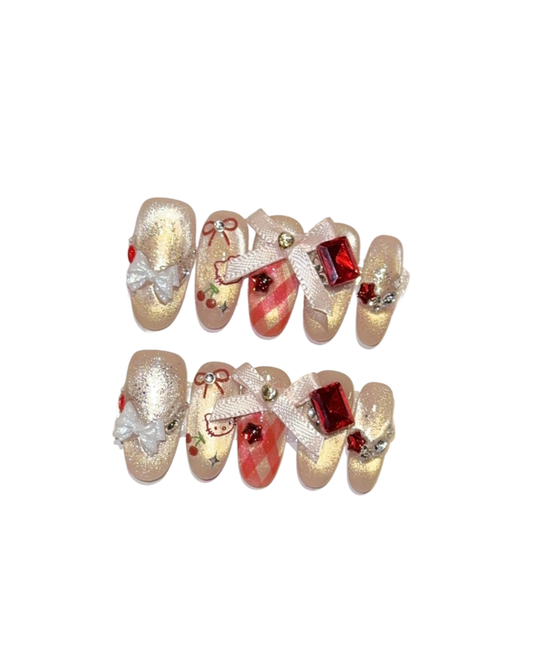 Press On Nails Champagne Gold Cat Eye – Almond Shape Cherry Bow Rhinestone Glossy Acrylic Nails Coquette Style 139
