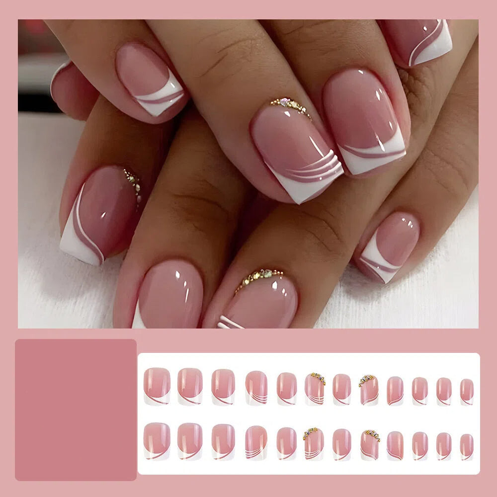 Nude Pink French Tip Press On Nails Short Square Round Wave Rhinestone Glossy 20