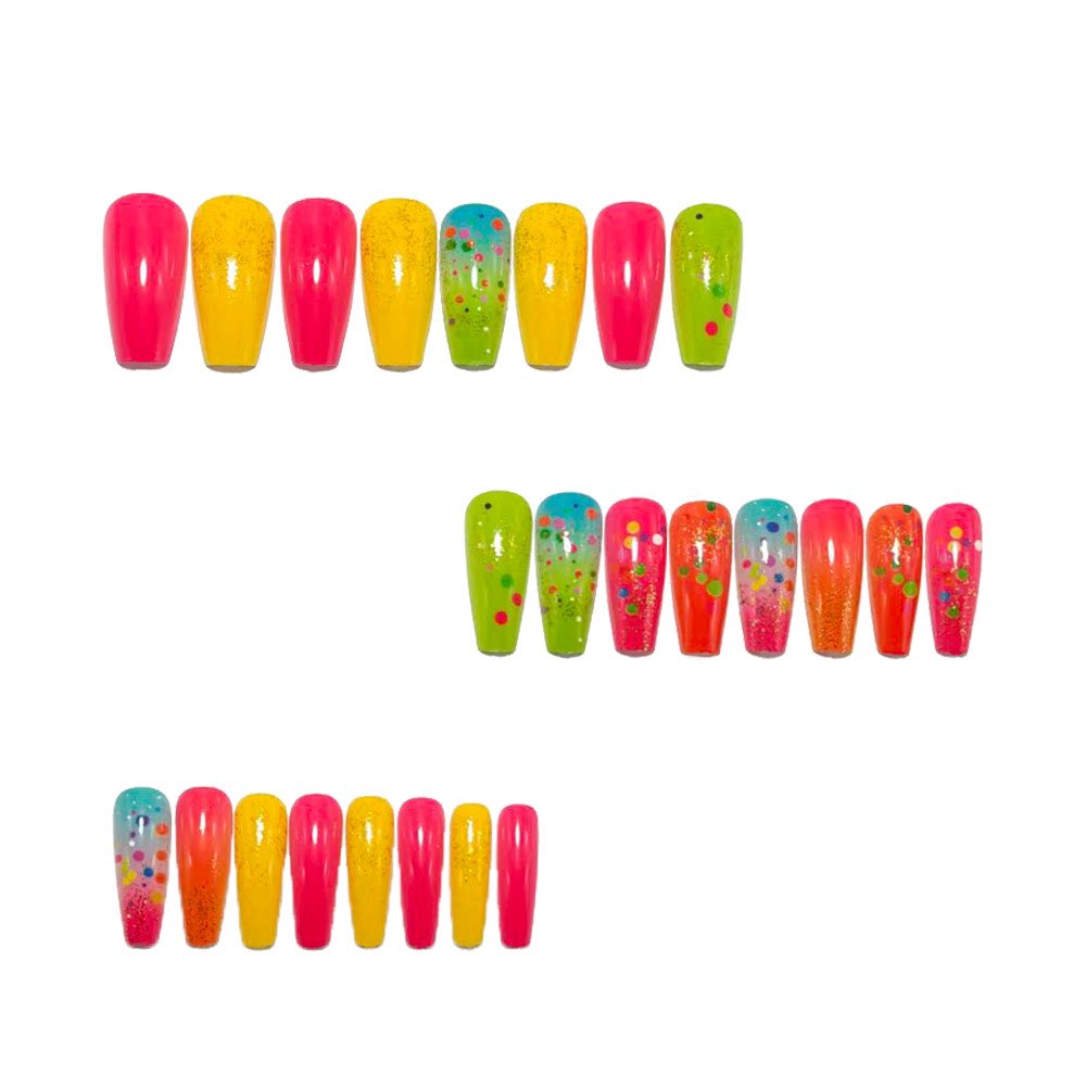 Neon Gradient Press On Nails Squoval Almond Glitter 3D Dot Y2K Summer Festival Fake Nails 23