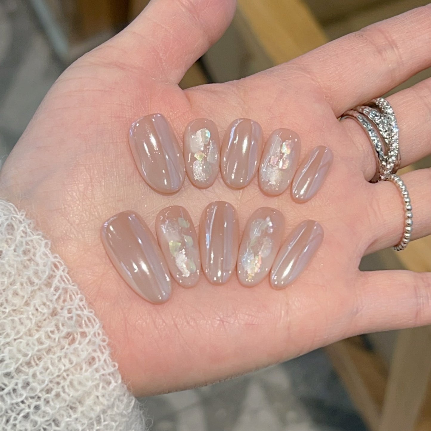 Nude Pink Press On Nails Almond – Pearl Iridescent Foil Wedding Press On Nails Reusable Full Cover Fake Nails 188