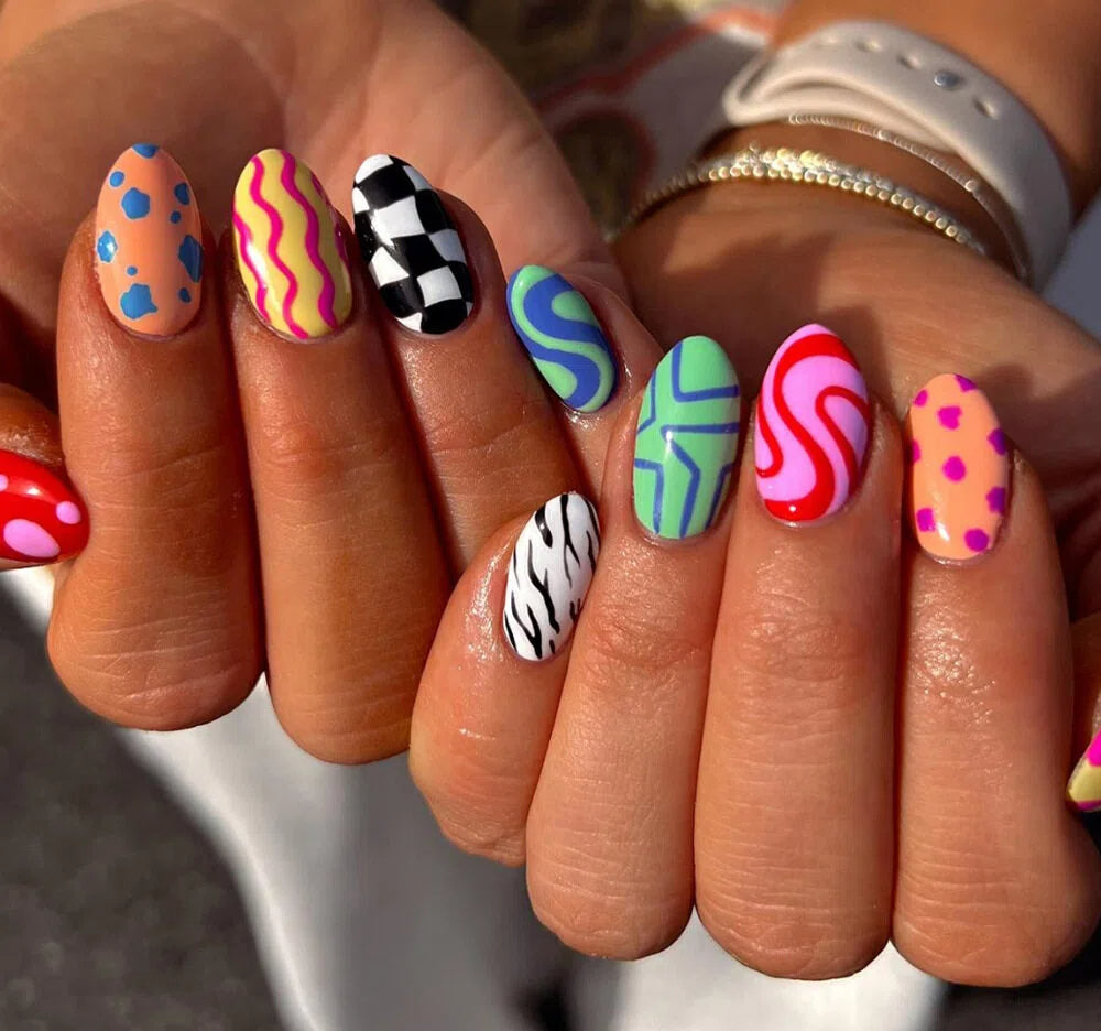 Y2K Press-On Nails Almond Colorful Pattern Mix Wave Checker Reusable Glue On Fake Nails Trendy Set 44