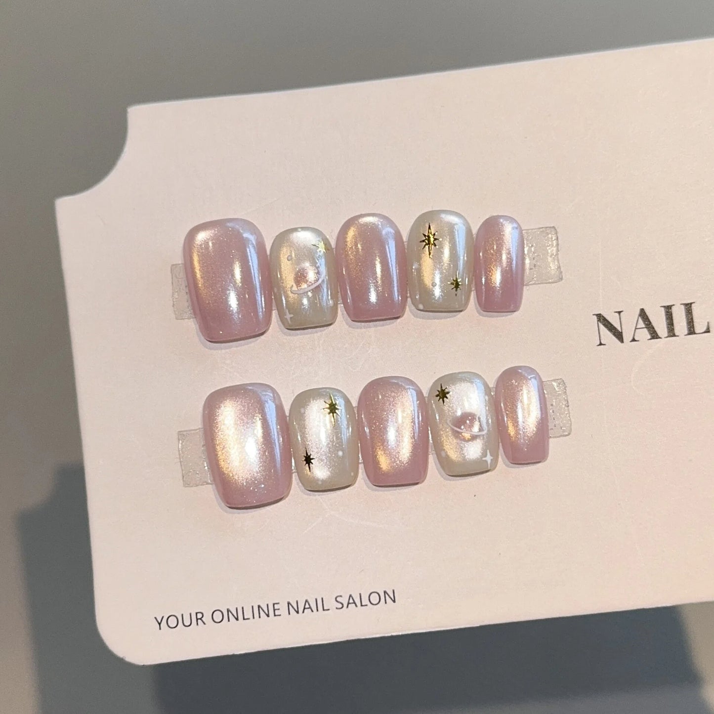 Nude Pink Press On Nails – Squoval with Aurora Cat Eye, Milky White Gradient, Star & Planet Design, Reusable Full Cover Set 168