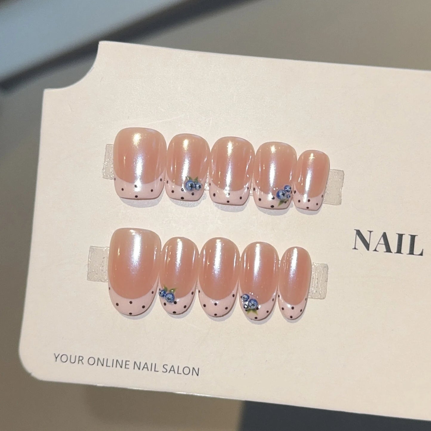 Nude Pink Press On Nails – Squoval with Blueberry French Tip & Polka Dot Design, Reusable Full Cover Set 169