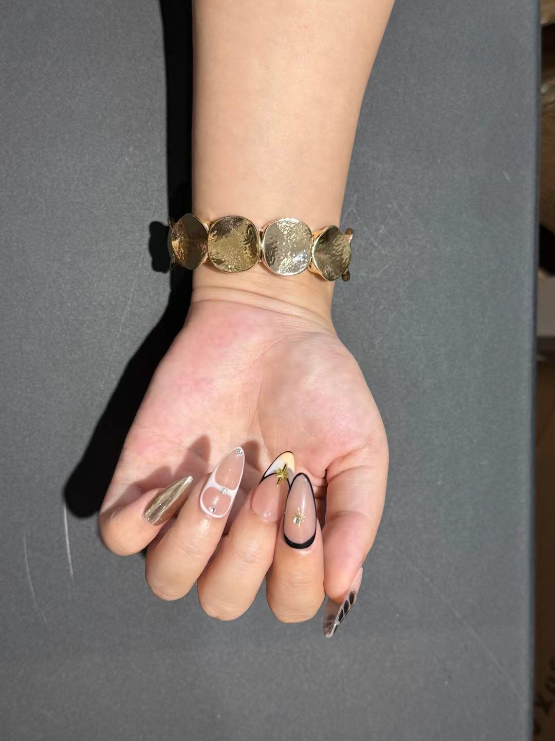 Amber Tortoise & Gold Almond Press On Nails – Clear Nude Base, Reusable Minimalist Luxury for Work, Casual & Evening 196