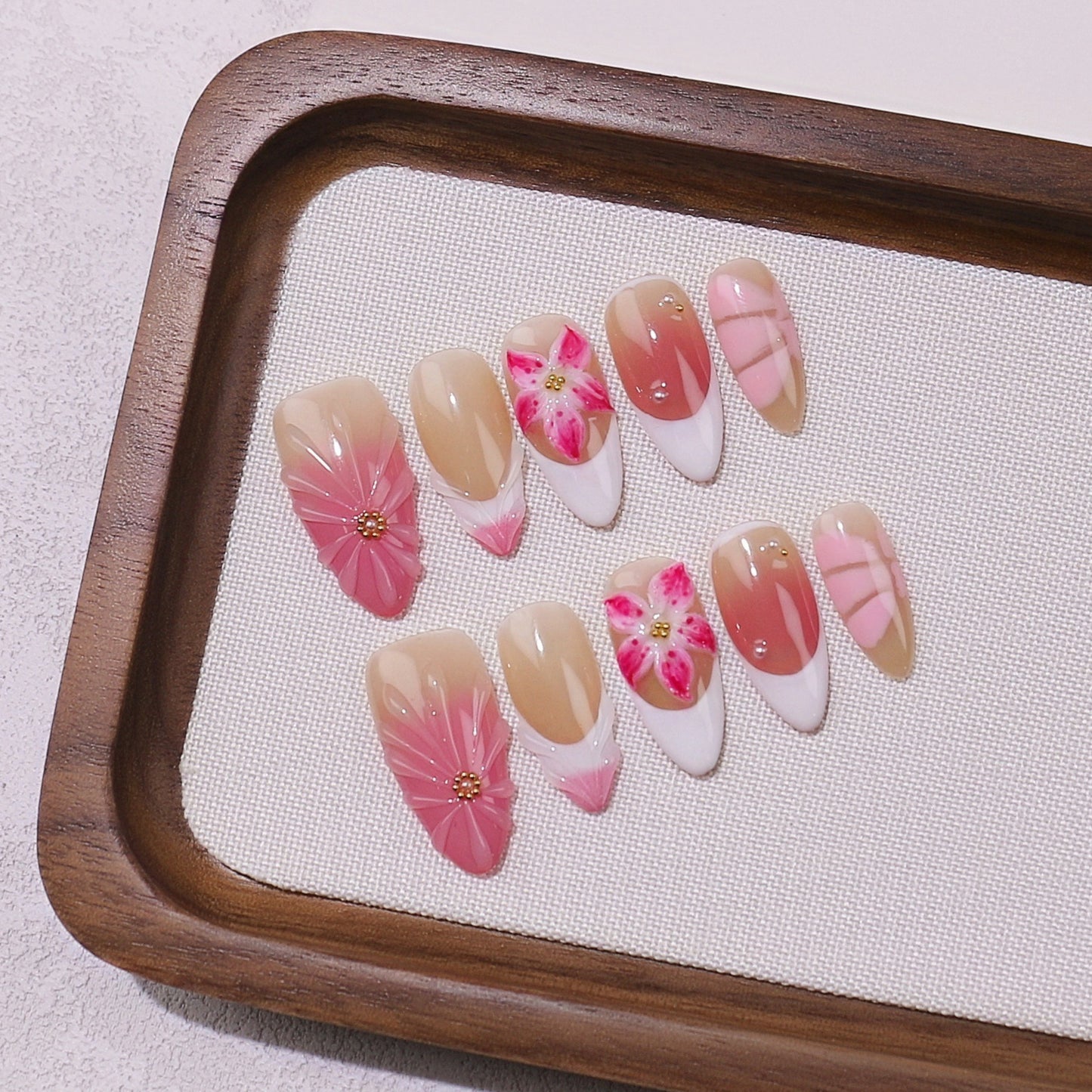3D Pink Flower Press On Nails – Sheer Nude Almond with Pink Petals & White French Tips Handmade Reusable Bridal & Everyday Nail Set 219
