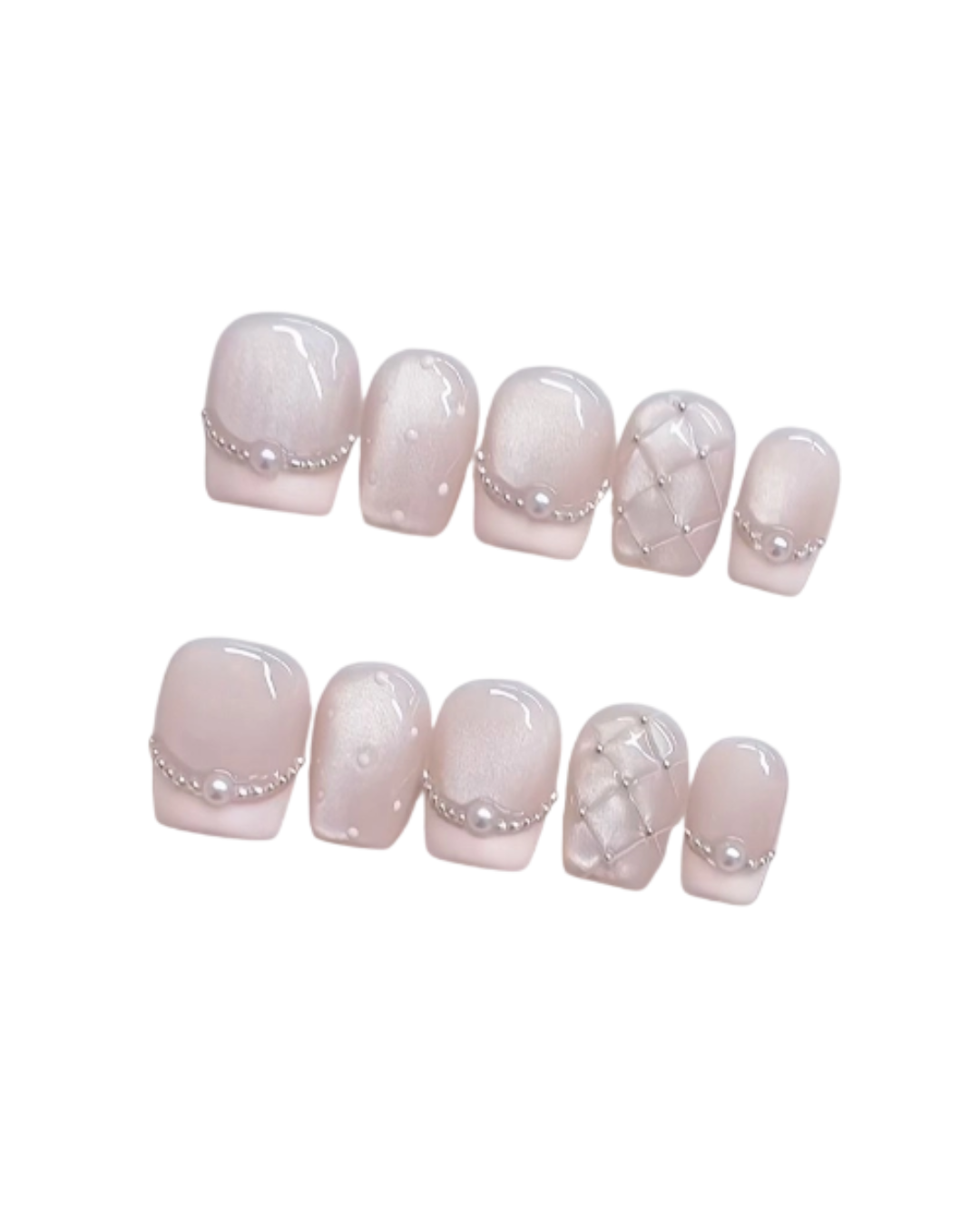 Nude Pink French Press On Nails Short Squoval – Pearl Chain Rhinestone Wedding & Daily Full Cover Set 187
