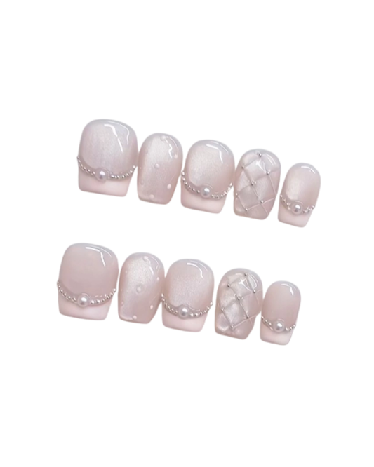 Nude Pink French Press On Nails Short Squoval – Pearl Chain Rhinestone Wedding & Daily Full Cover Set 187
