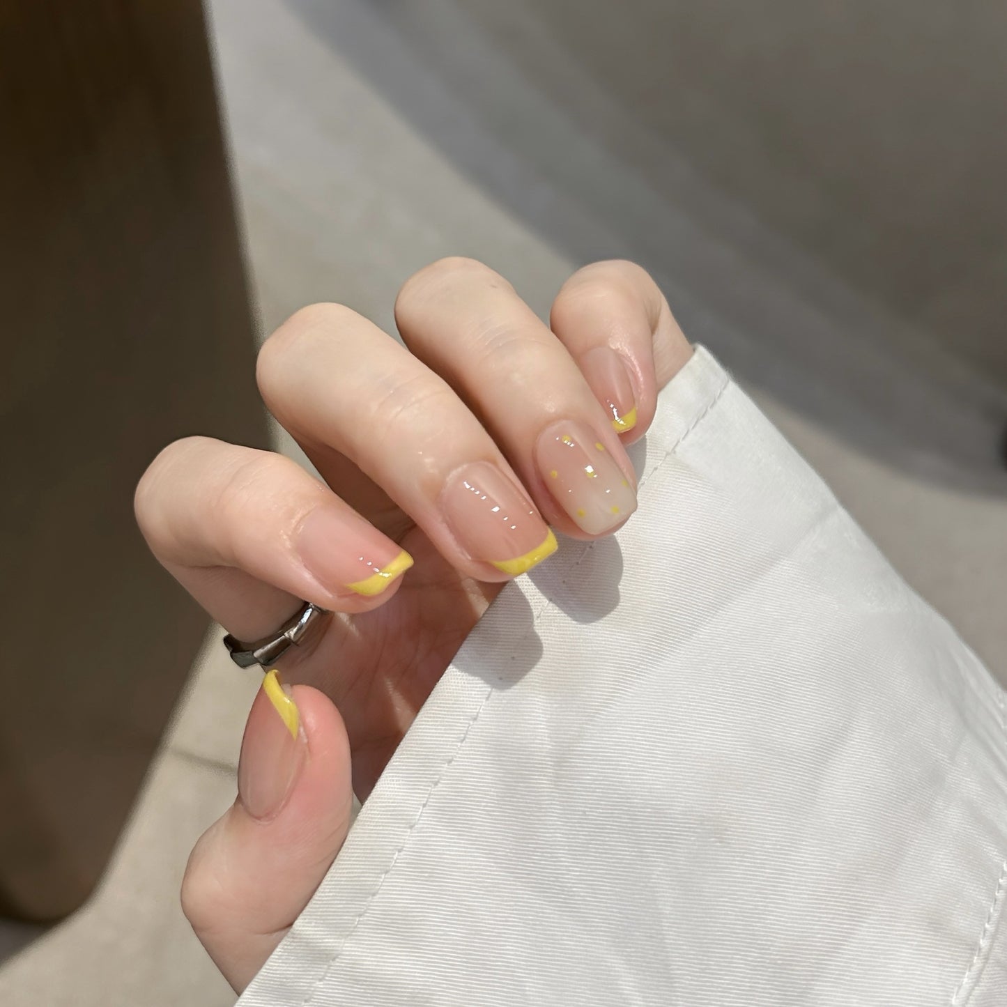 Summer Lemon Yellow Press On Nails – Short Squoval French Polka Dot Reusable Full Cover Set 186