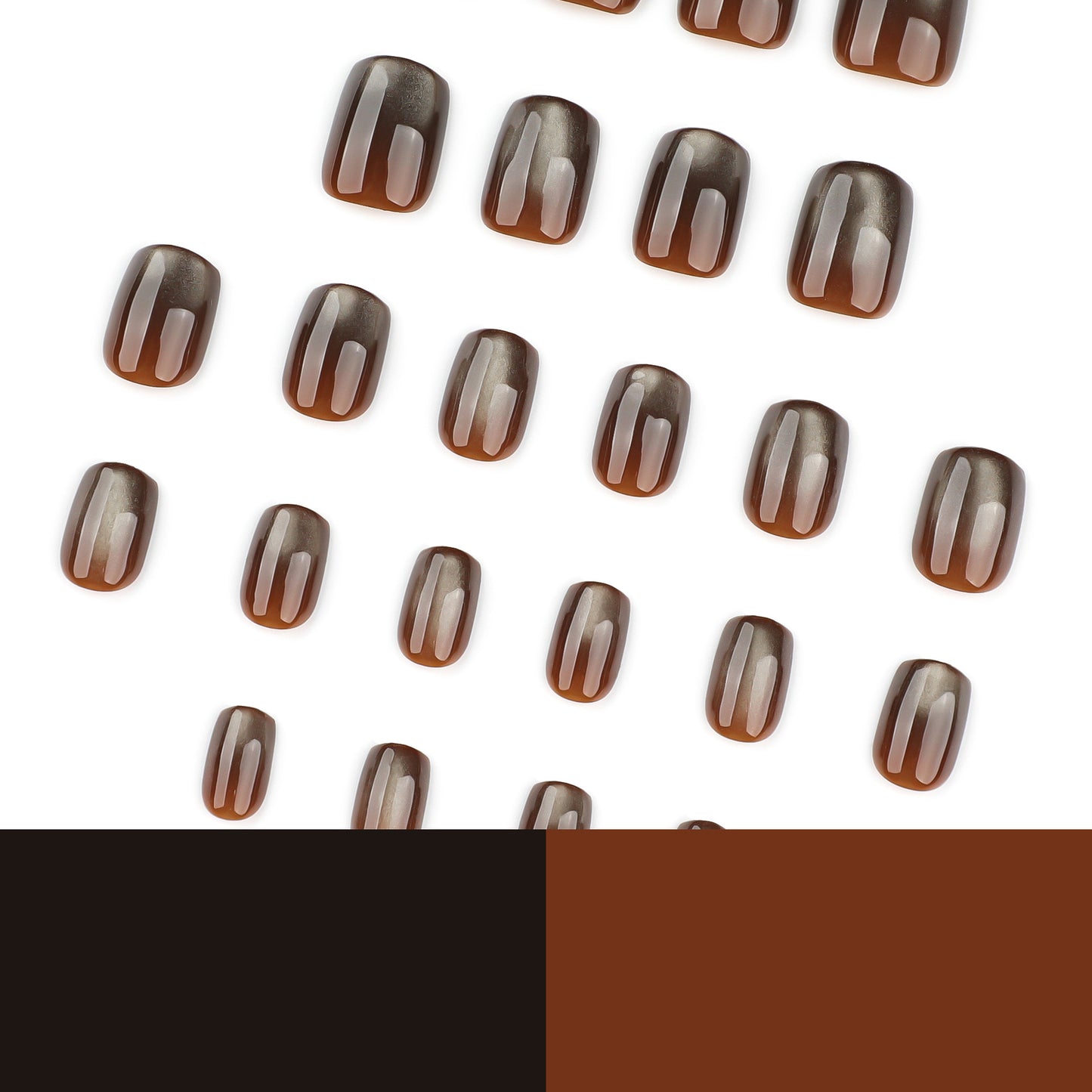 Brown Cat Eye Press On Nails Glossy Magnetic Effect Short Squoval Shape Minimal Elegant Solid Color Full Cover False Nails Kit Reusable 116