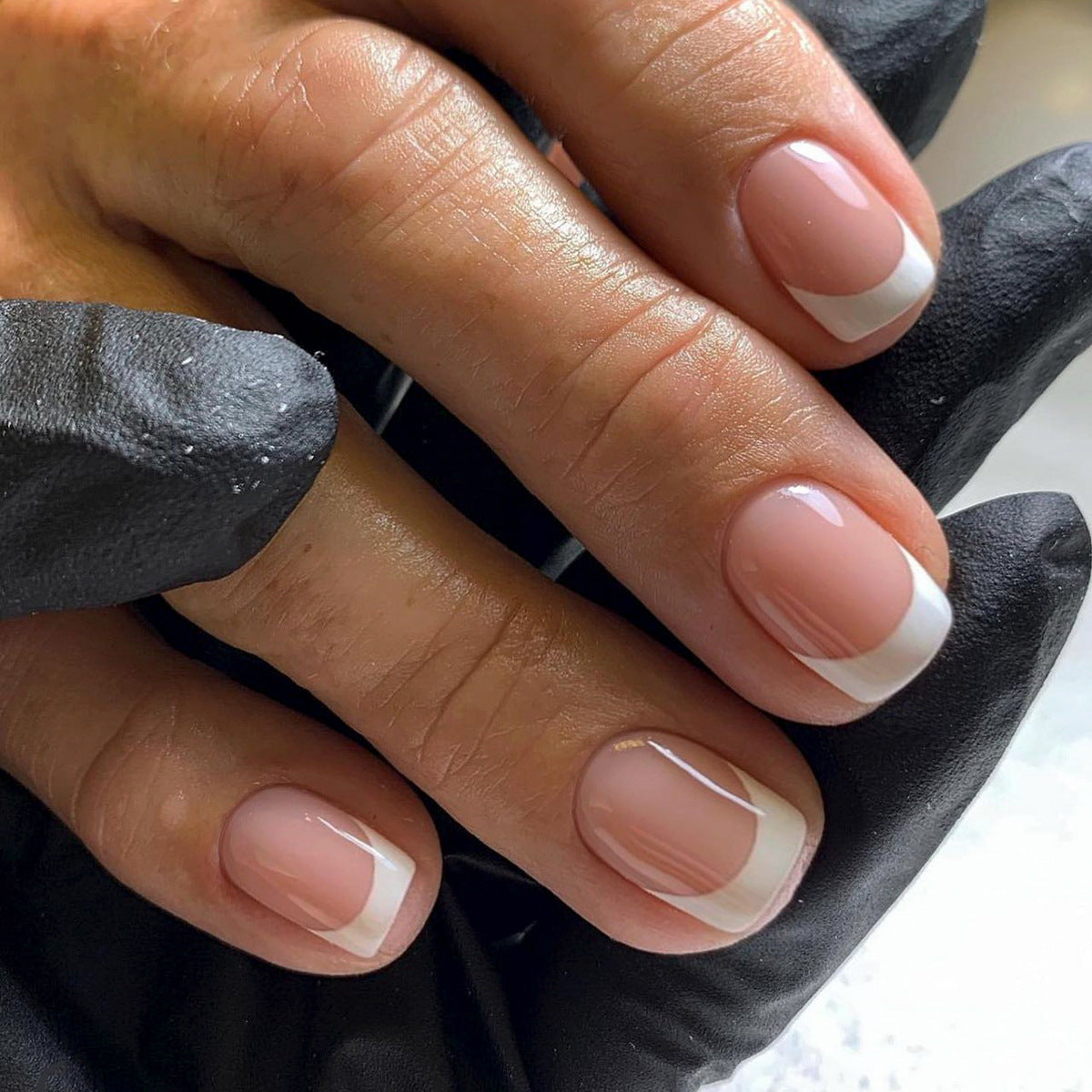 French Tip Press On Nails – Nude Pink White Short Squoval Minimalist Glossy Reusable Set, Classic Elegant Full Cover Nails 160