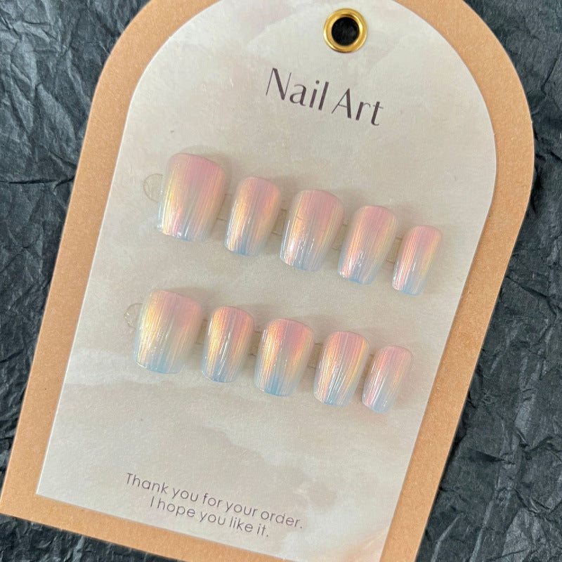 Aurora Cat Eye Press-On Nails – Rainbow Vertical Magnetic Shimmer Short Squoval Nails | Minimalist Reusable Nail Set 269