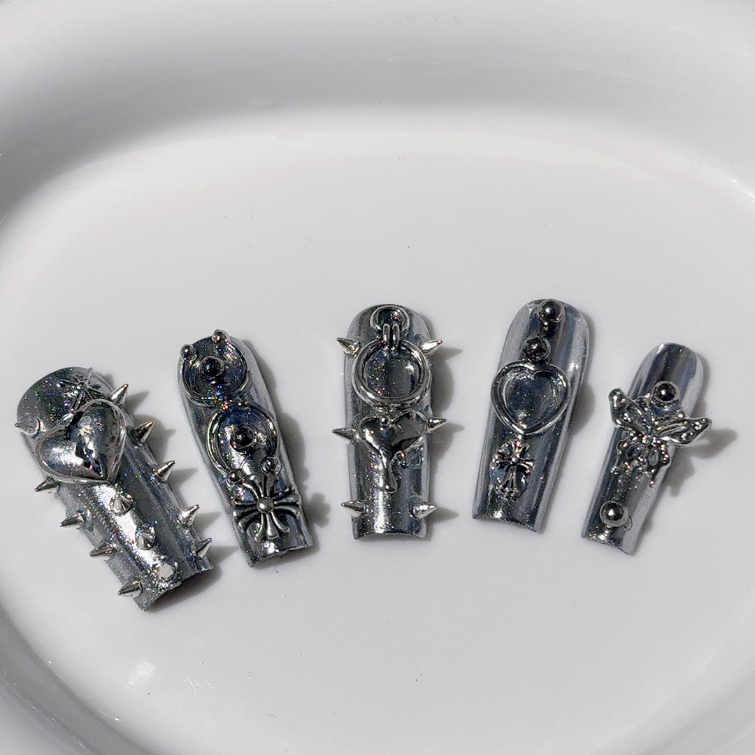 Liquid Metal Armor Press-On Nails – Silver Chrome Long Square 3D Gothic Punk Y2K Nail Set 225