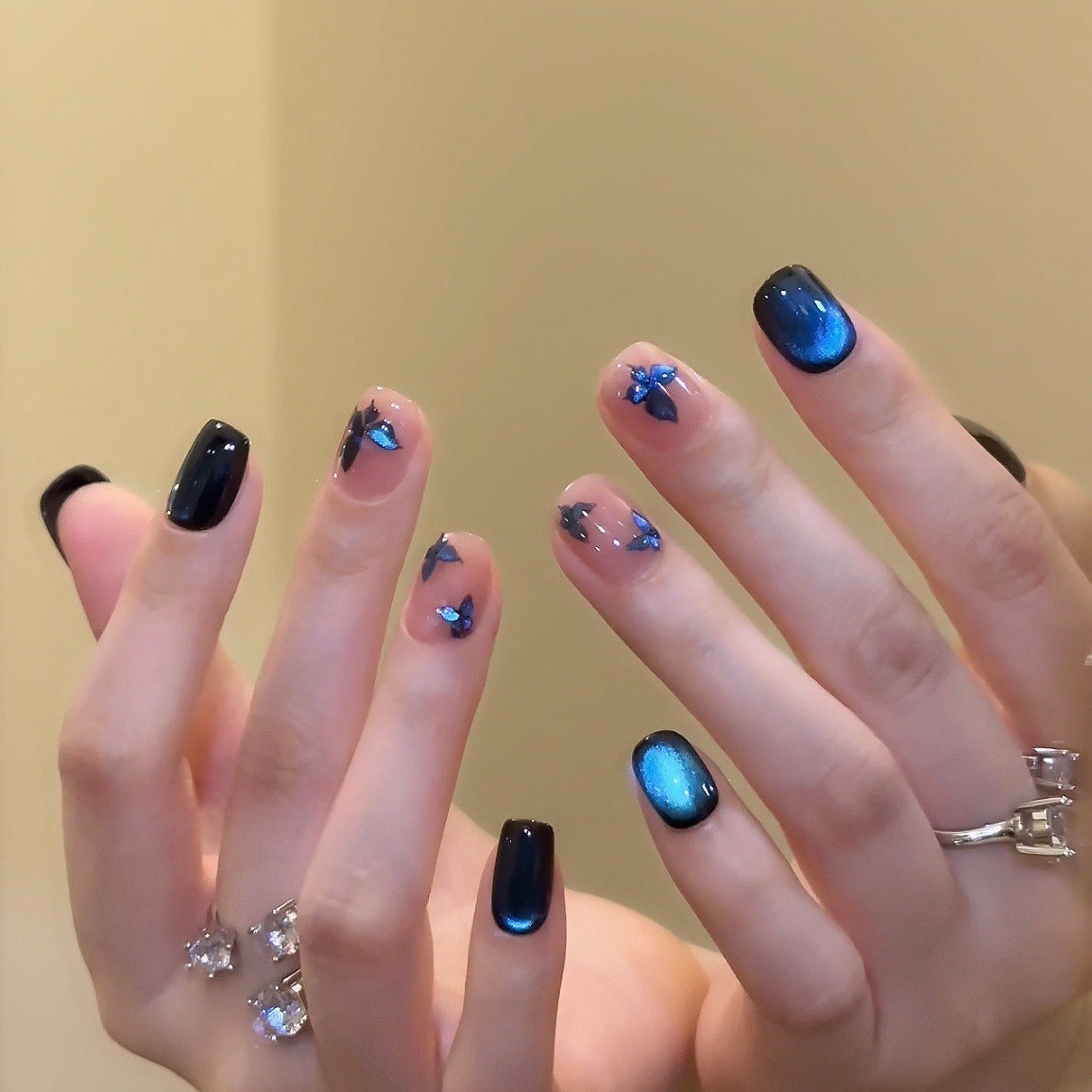 Deep Blue Cat Eye Press On Nails Short Squoval – Hand Painted Butterfly Galaxy Starry Night Reusable Press On Nails Set 203